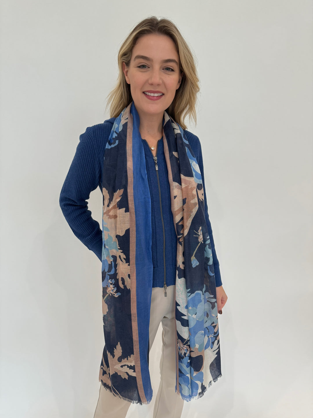 Kinross Cashmere Rib Zip Hoodie in Indigo with Kinross Moody Blooms Scarf in Navy available at Barbara Katz