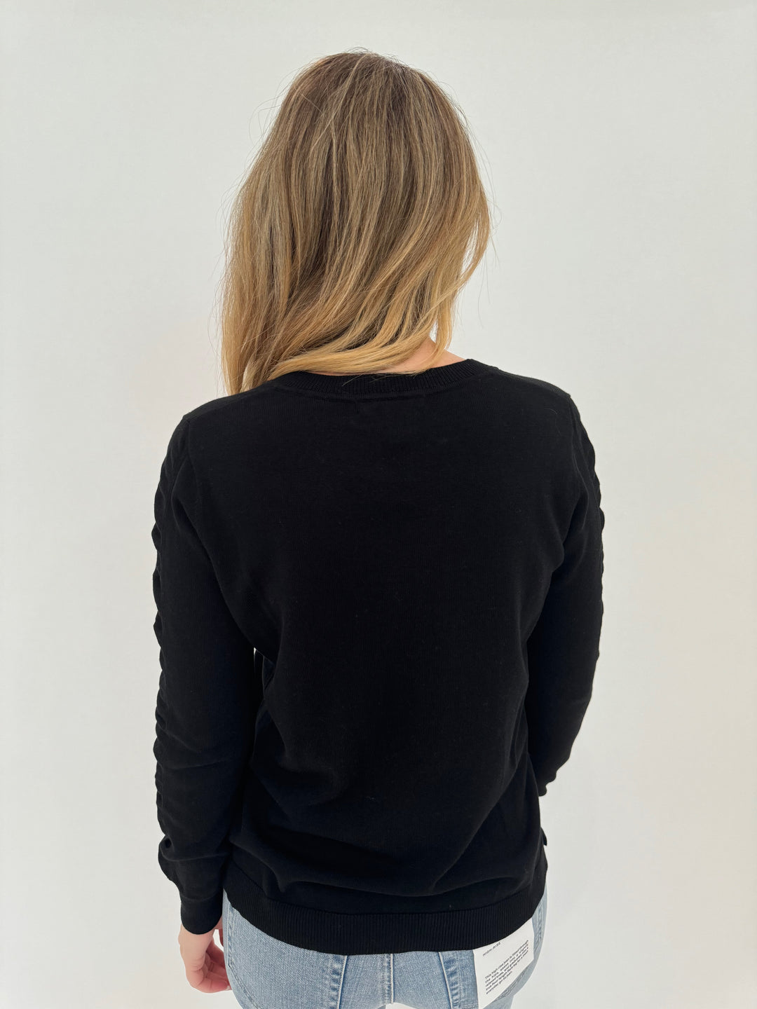 Peace of Cloth V-Neck Sweater With Ribbon Ruched Sleeve - Black