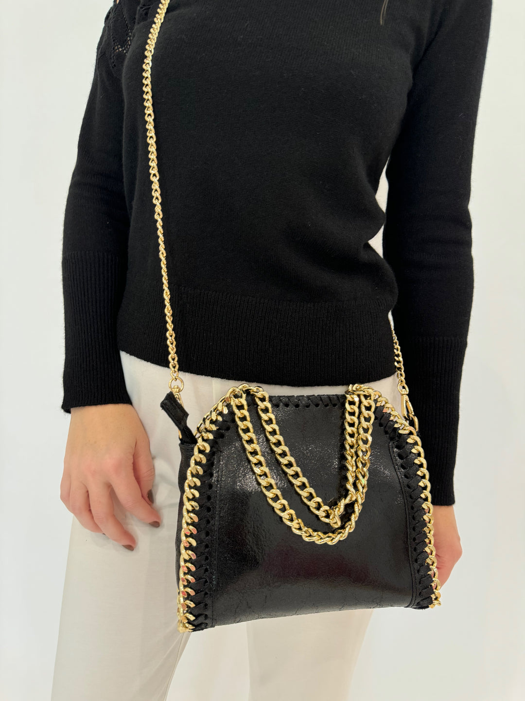 Barbara Katz Metallic Luxe Chain Leather Bag - Black
