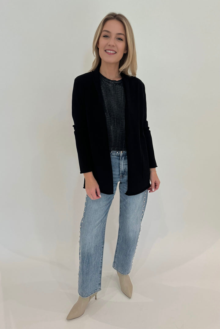 Goldie Metallic Sparkle Crop Tee in Black/Silver layered with BK Olivia Open Long Cardigan in Black, paired with Pistola Lexi Straight Jeans in Satellite, all available at Barbara Katz