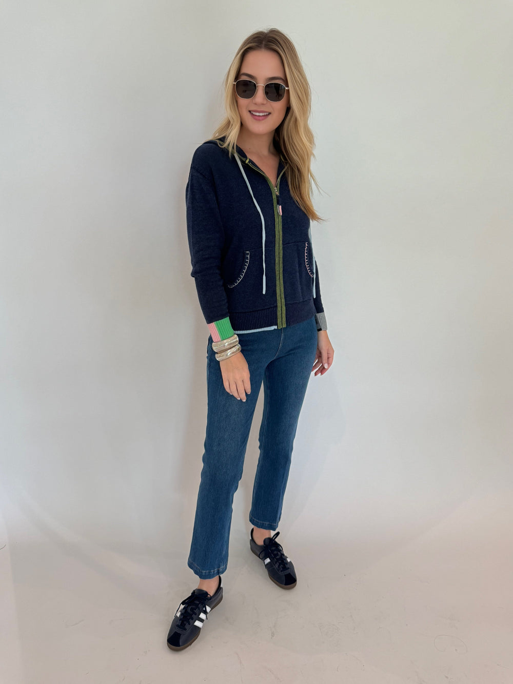 Lysse Ankle Denim Baby Bootcut Pants in Midwash Blue paired with Colorush HandCraft Hoodie in Denim available at Barbara Katz