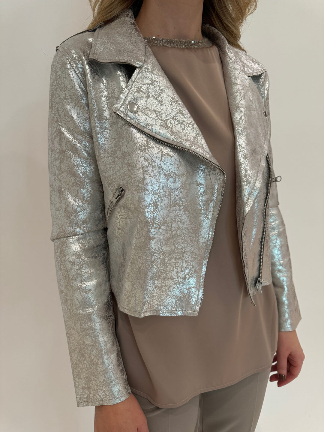 BK Beatrice Metallic Moto Jacket in Silver with D.Exterior Puff Sleeve Mini Sequin Top in Nocciola underneath available at Barbara Katz