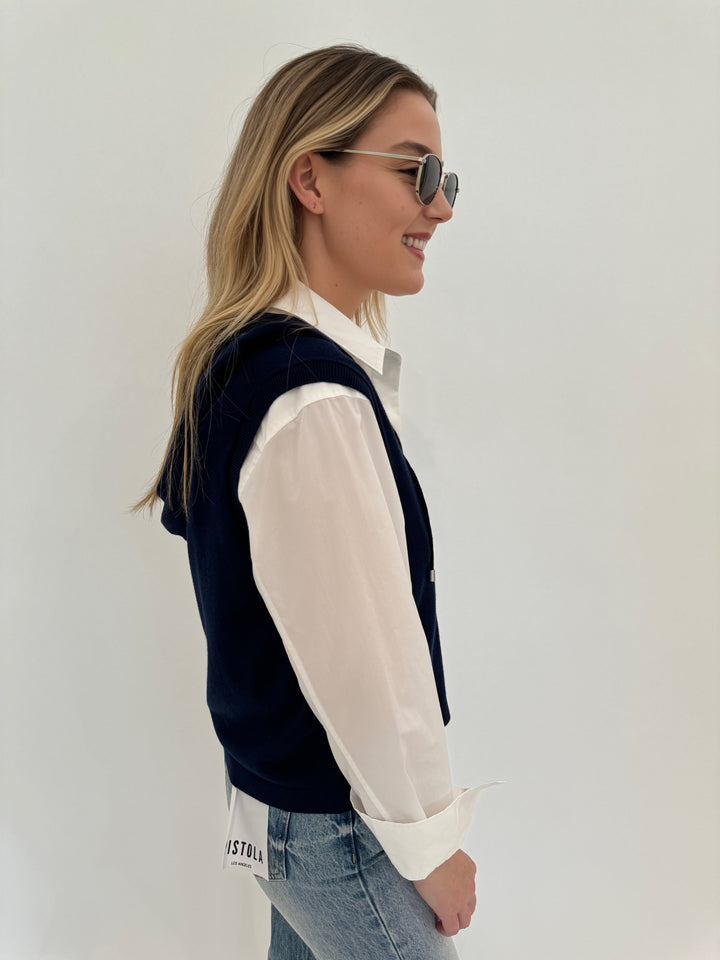 Elliott Lauren Zip Front Hoodie Vest in Ultramarine with Simkhai Renata Cropped Shirt in White underneath