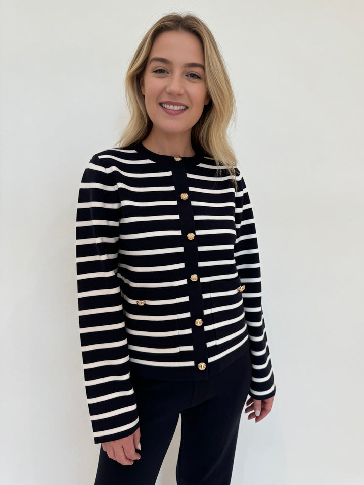 BK Dina Striped Sweater Cardigan in Navy available at Barbara Katz