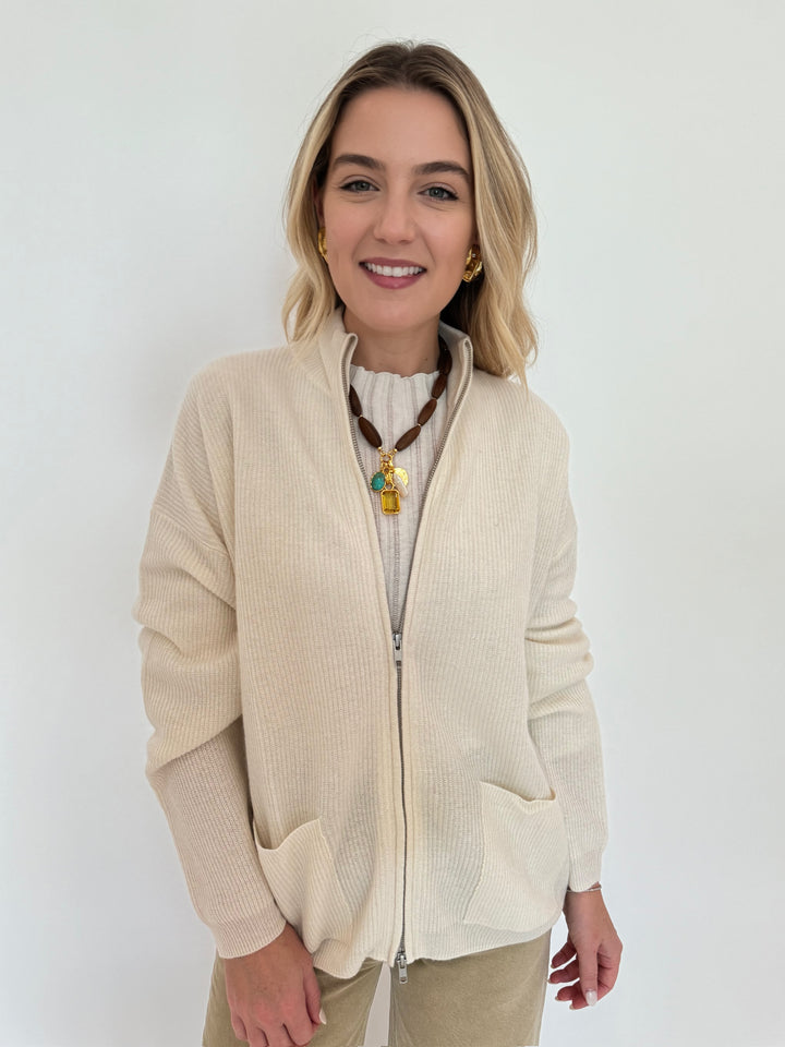 Colorush (CRUSH) Ringo Rib Bomber Cardigan in Organic White available at Barbara Katz