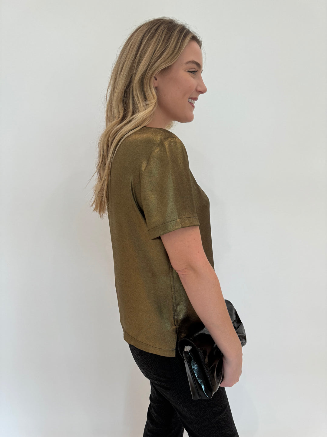 Elliott Lauren Slinky Metallic Short Sleeve Tee in Gold available at Barbara Katz