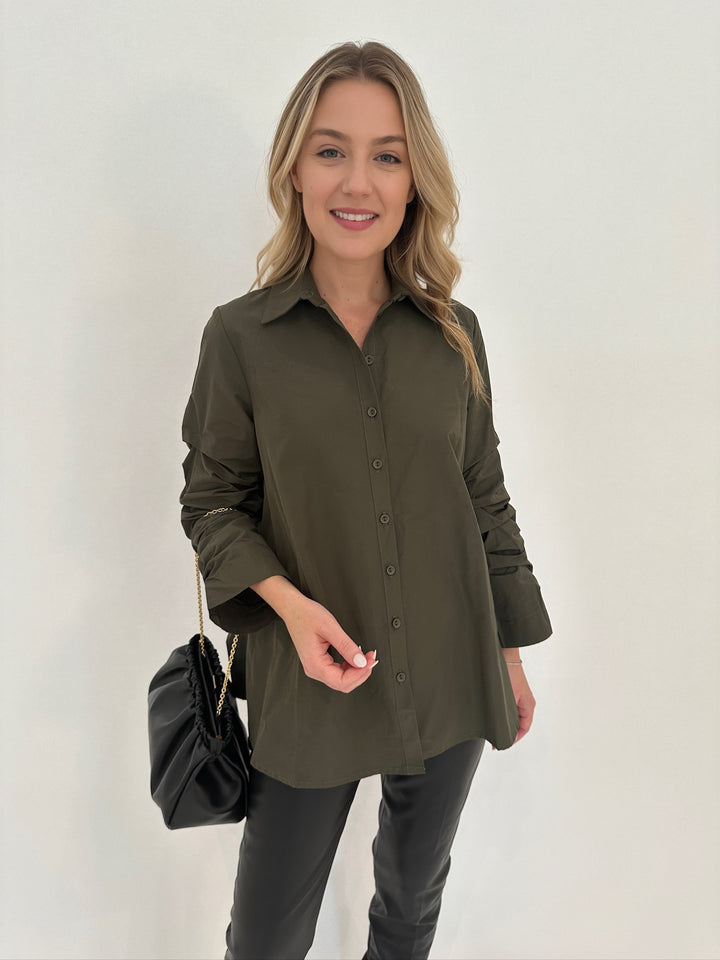 Ozai N Ku Sylvie Ruched Long Sleeve Button Down Shirt in Military available at Barbara Katz