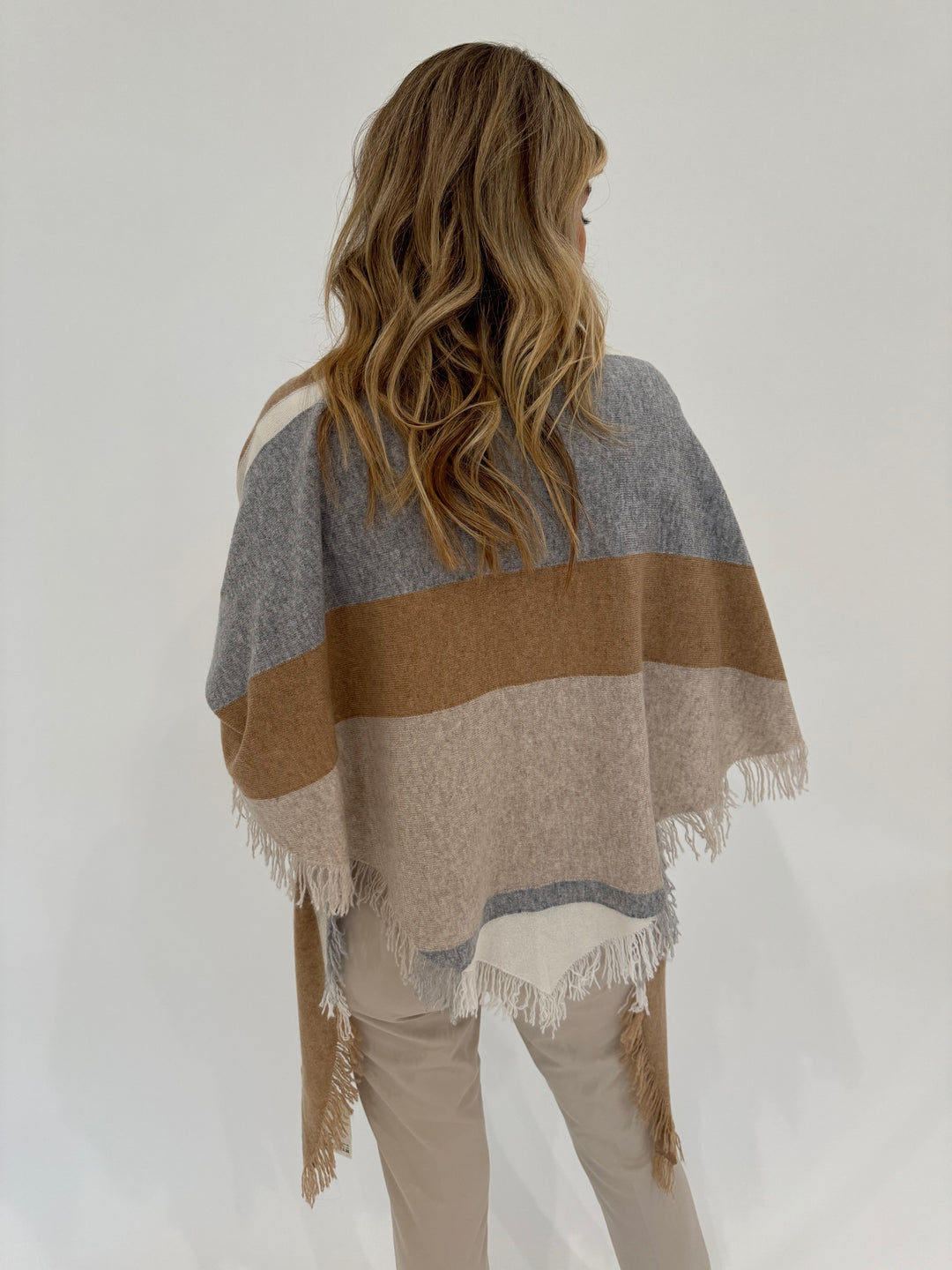 Kinross Cashmere Striped Fringe Triangle Wrap in Camel Multi available at Barbara Katz