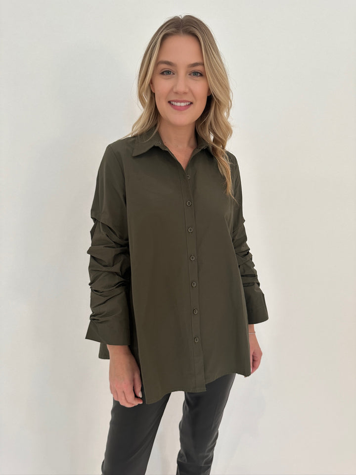 Ozai N Ku Sylvie Ruched Sleeve Button Down Shirt in Military Green available at Barbara Katz