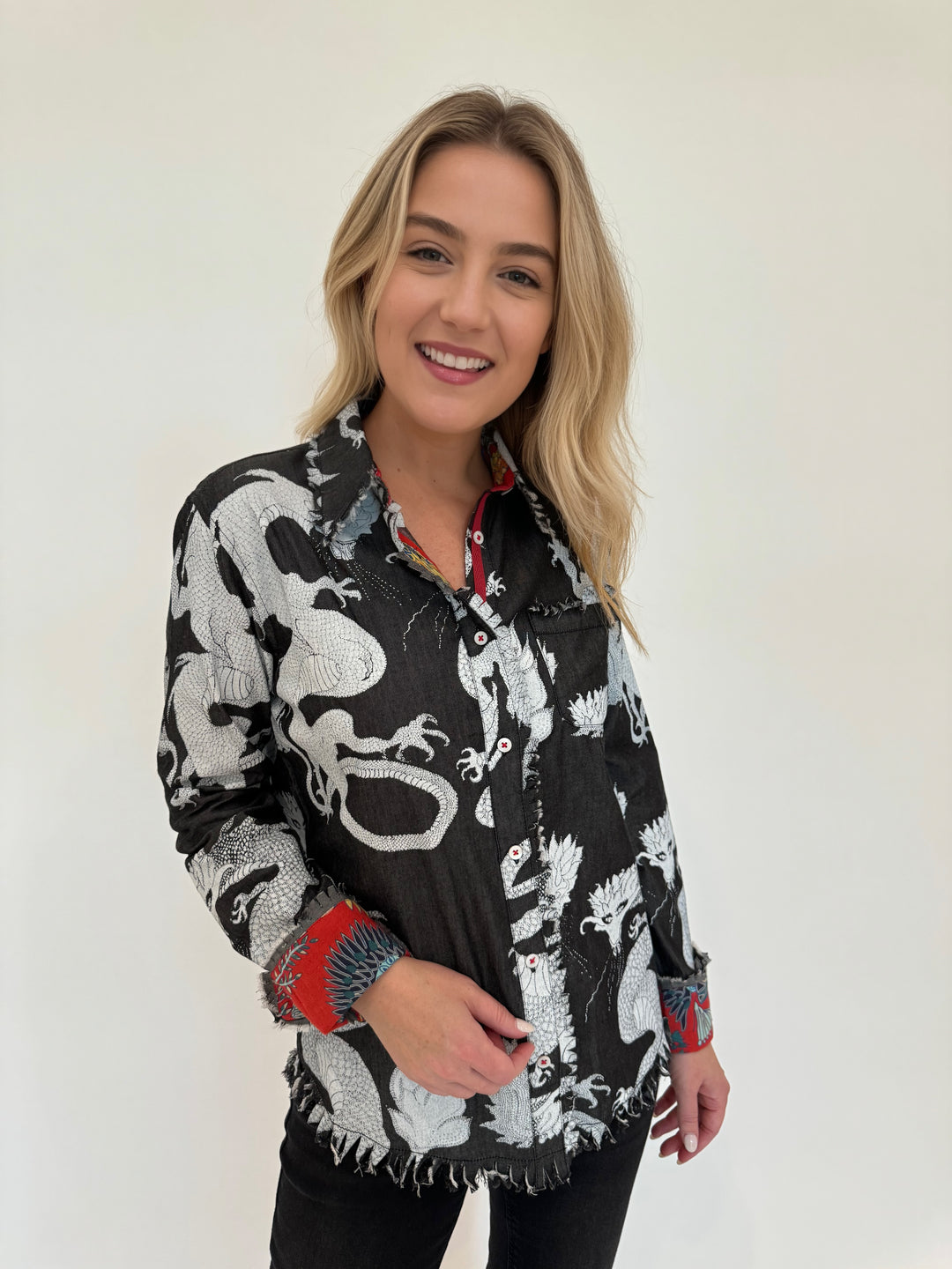 Dizzy-Lizzie Cape Cod Frayed Shirt in Grey Denim Dragons Print available at Barbara Katz