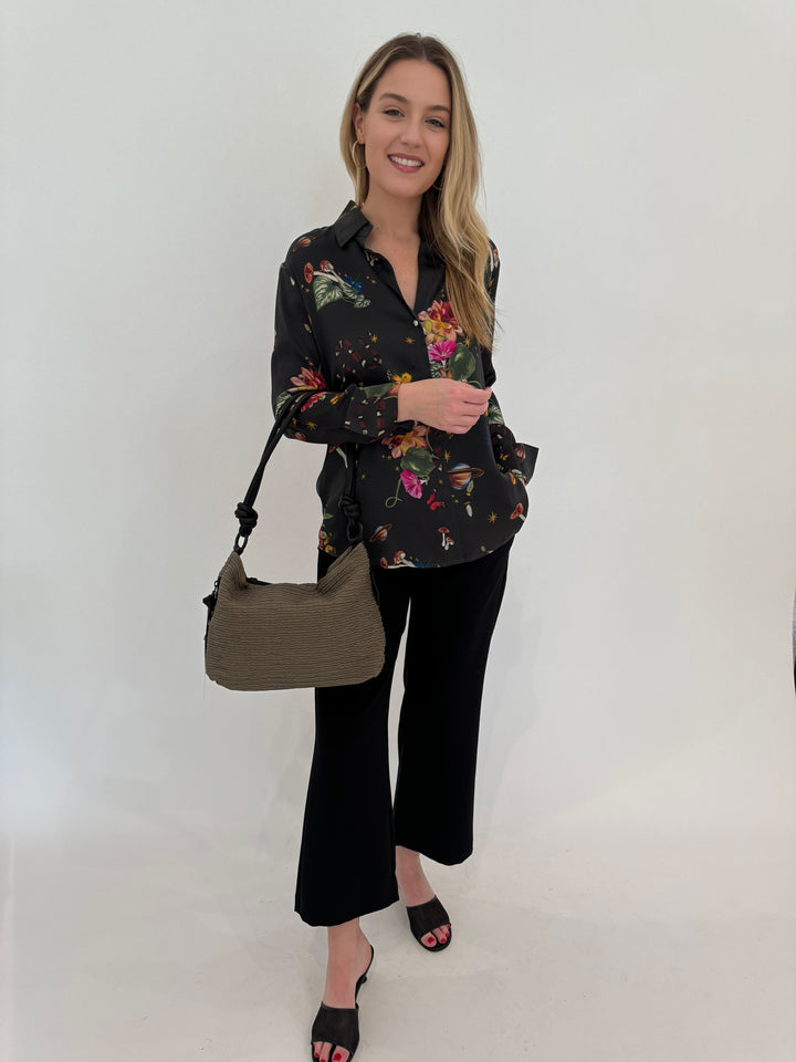 Catherine Gee Long Sleeve Daria Silk Shirt in Serpentine print paired with MAC Chiara Crop Floating Crepe Pants in Black