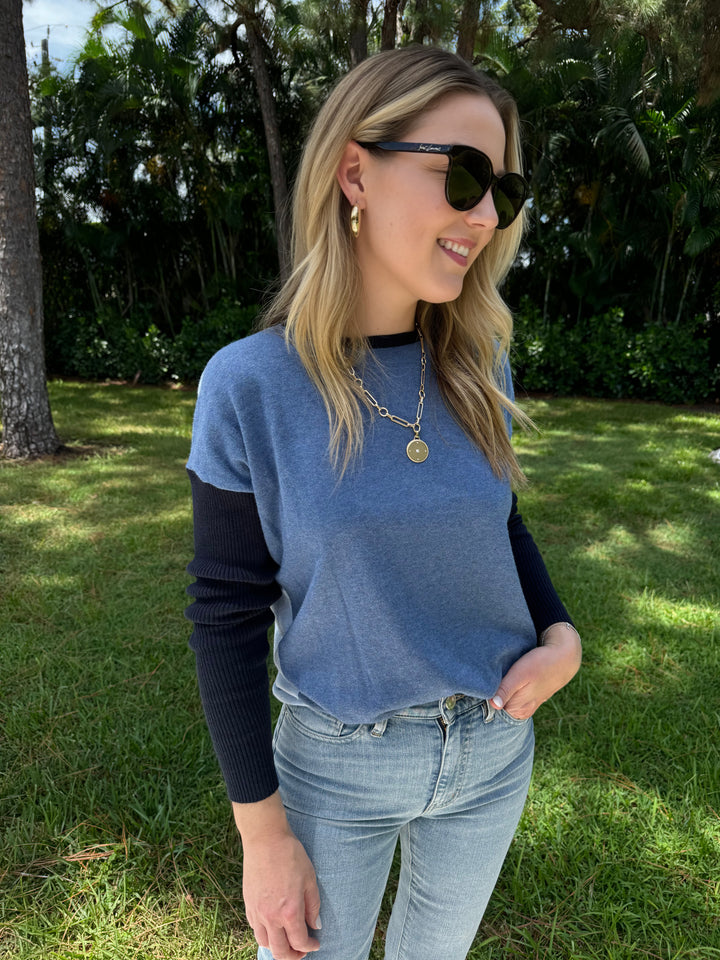 Elliott Lauren Block Party Sweater in Blue paired with Frame Le Easy Flare Raw Fray Jeans