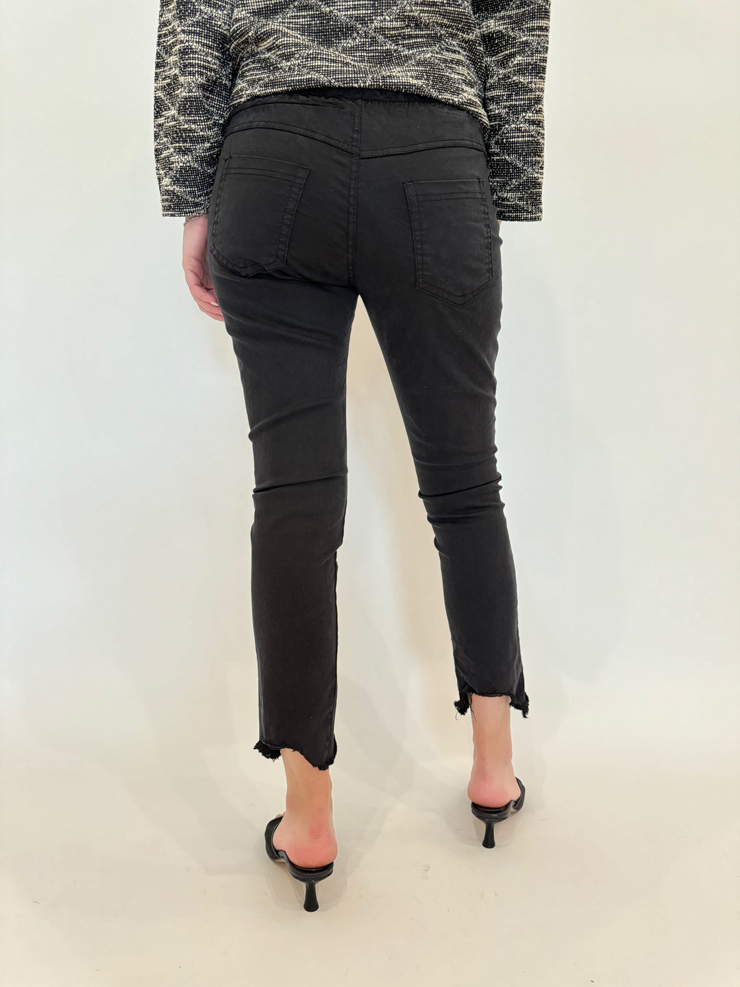 BK Kylie Distressed Fringe Hem Crinkle Jogger in Black available at Barbara Katz