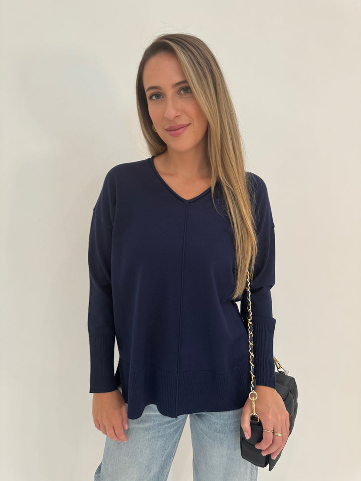 BK Selena Roll V-Neck Sweater in Navy available at Barbara Katz