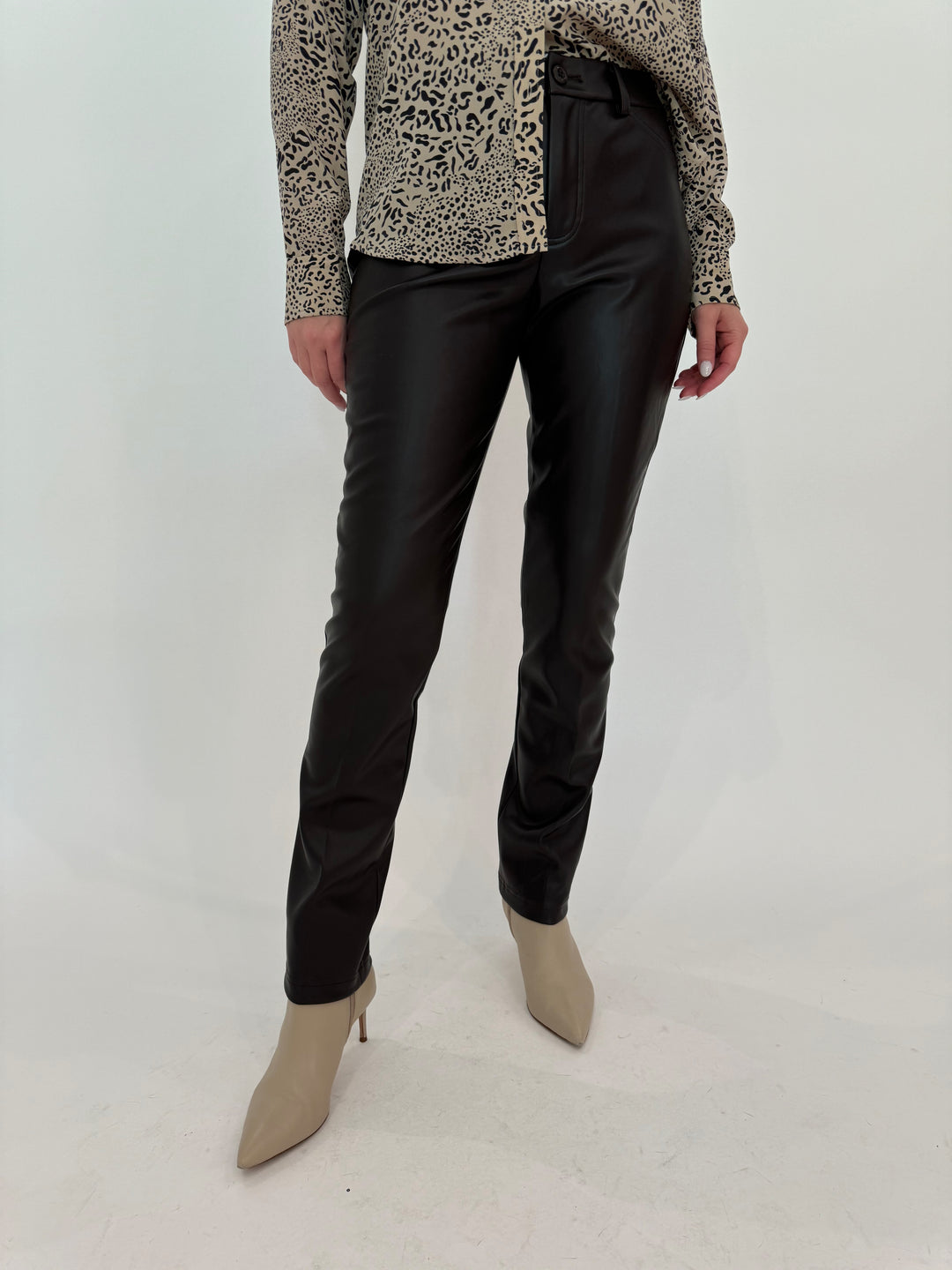 Peace of Cloth Jilian Faux Leather Slim Jeans in Brown available at Barbara Katz