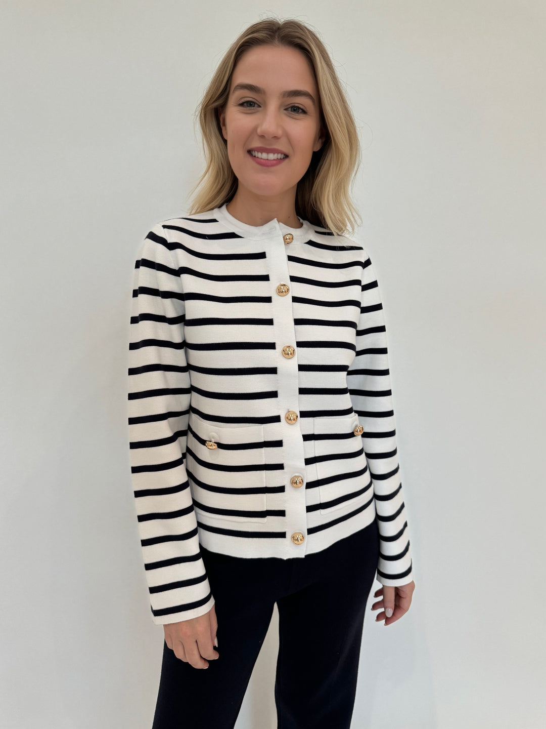 BK Dina Striped Sweater Cardigan in White available at Barbara Katz