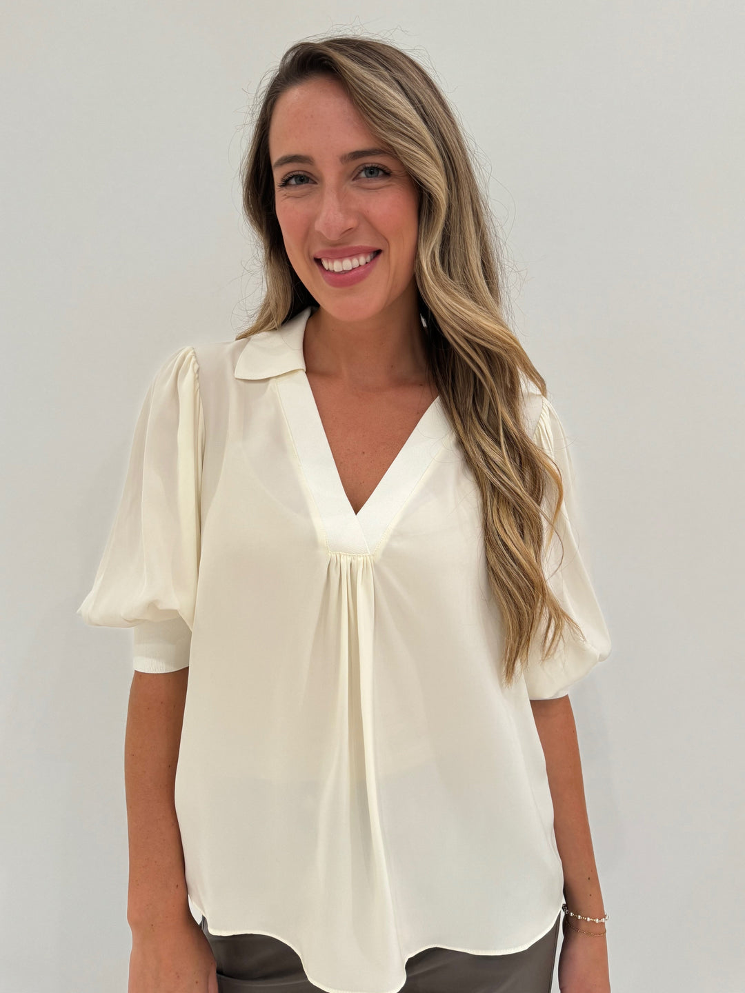 Cinq a Sept Weldon V-Neck Top in Ivory available at Barbara Katz