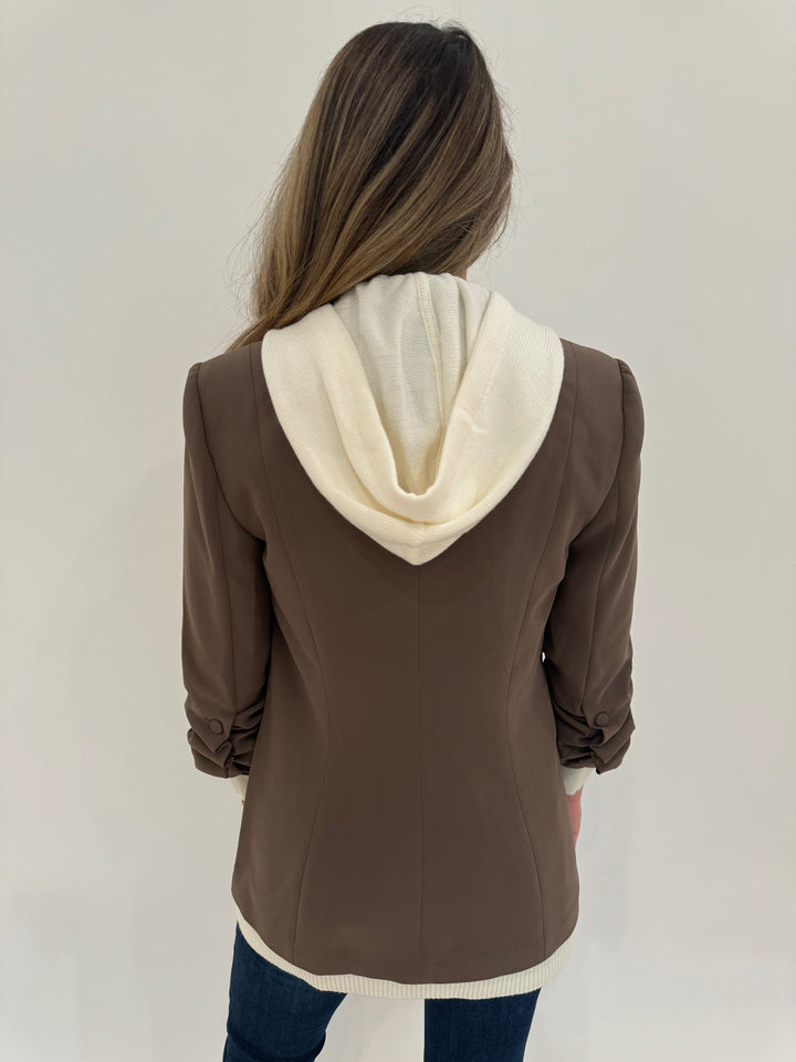 Cinq a Sept Sweater Knit Khloe Hooded Blazer in Taupe/Ivory available at Barbara Katz