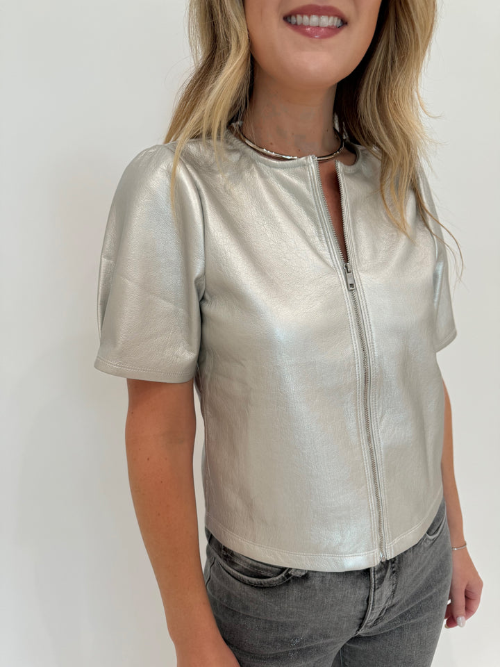 Melissa Nepton Houston Zip-Up Faux Leather Top in Metallic Silver available at Barbara Katz