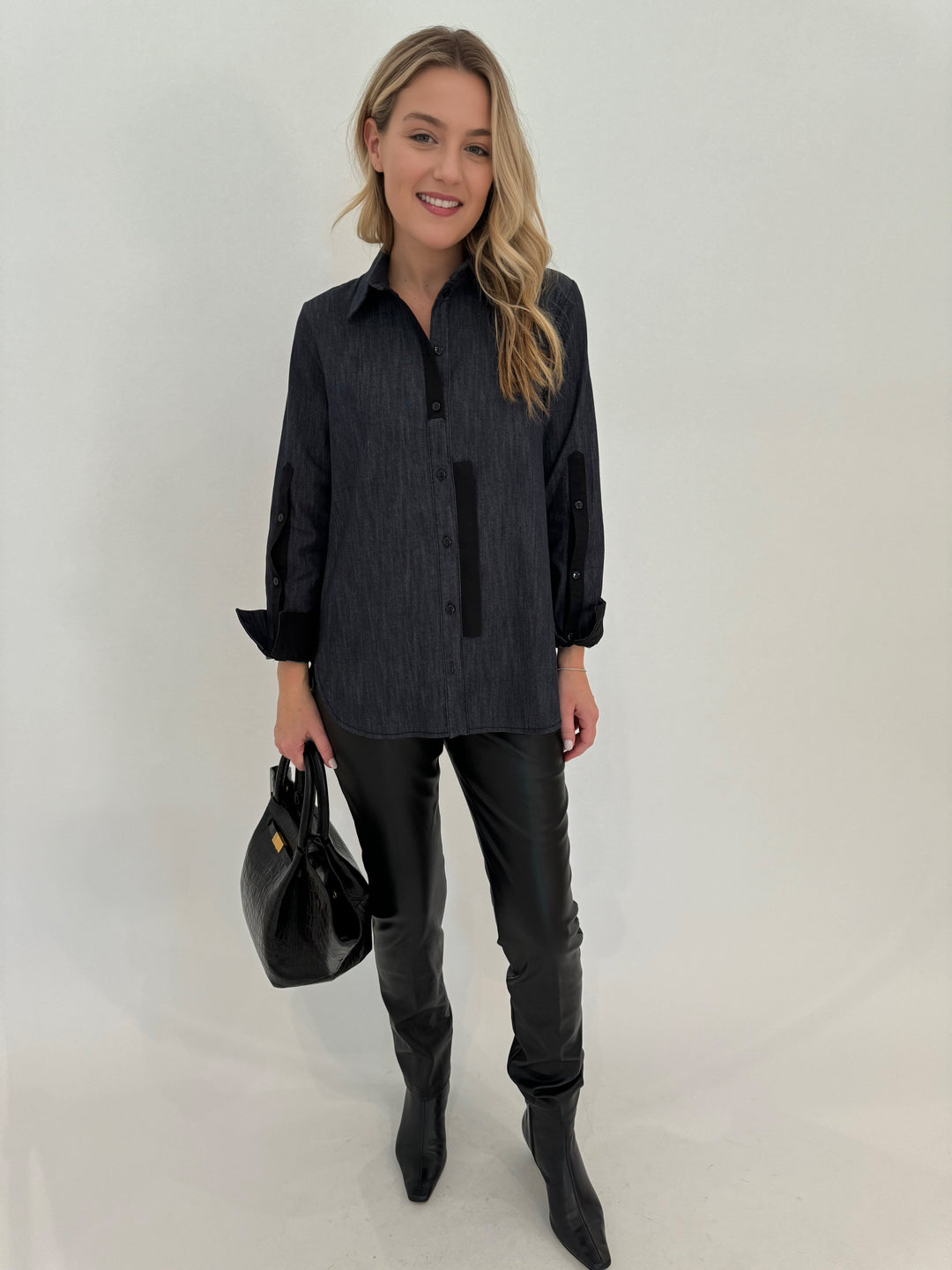 Ozai N Ku Emily Button Down Shirt in Denim paired with Peace of Cloth Black Faux Leather Slim Jeans, DeMellier The Midi New York Tote in Black Croc Effect available at Barbara Katz