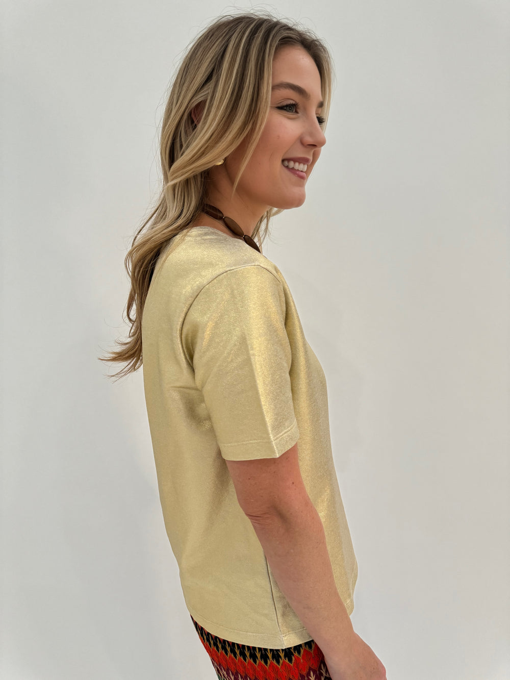 Vilagallo Metallic Gold Stretch Short Sleeve Tee available at Barbara Katz