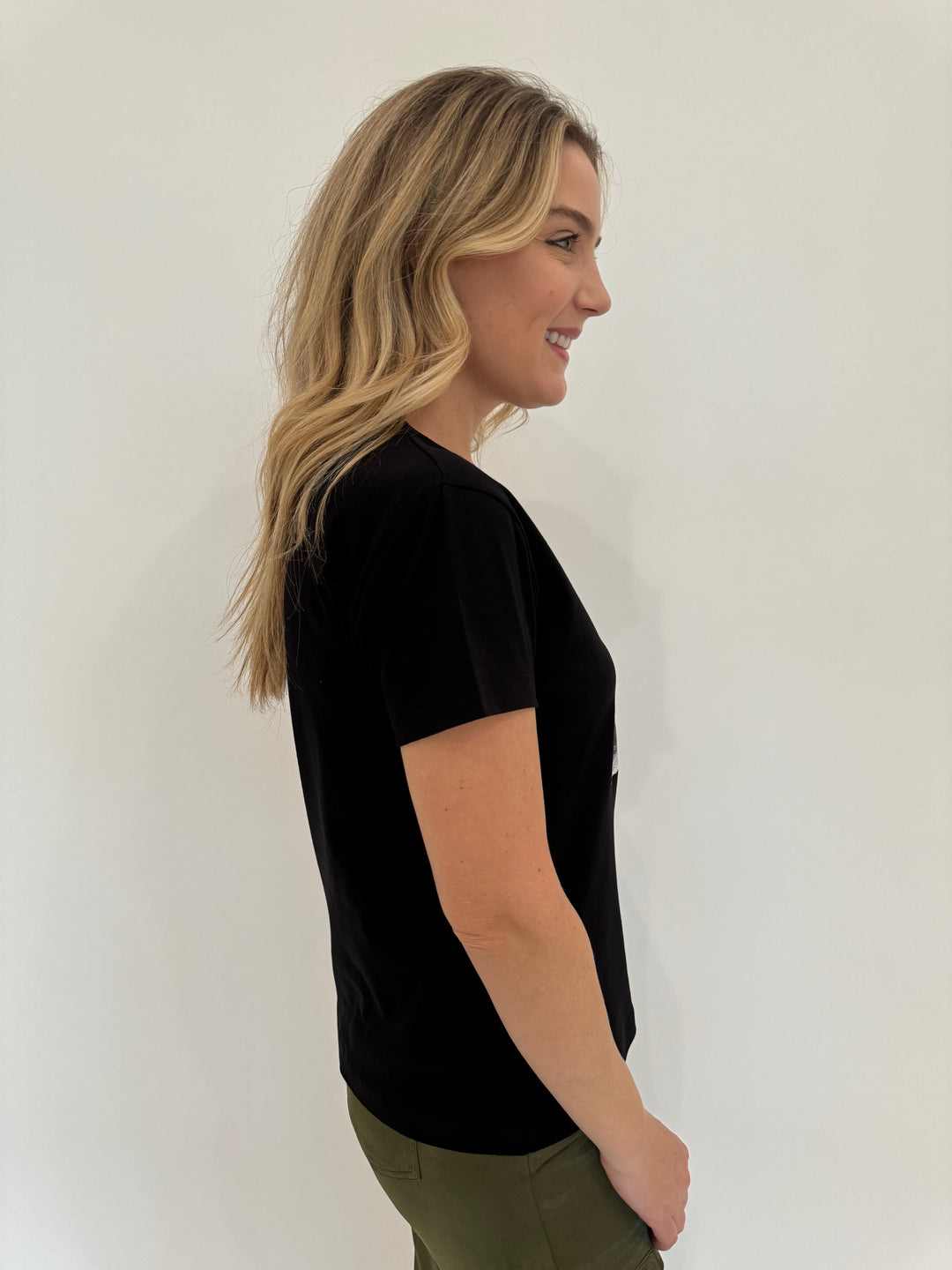 Suzi Roher Niki Black Short Sleeve Crew Tee in Enjoy The Ride available at Barbara Katz