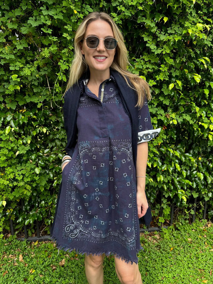 Dizzy-Lizzie Chatham Dress Indigo Bandana Print with Vilagallo Navy Wool Scarf and Le Specs Neptune Deux Sunglasses available at Barbara Katz