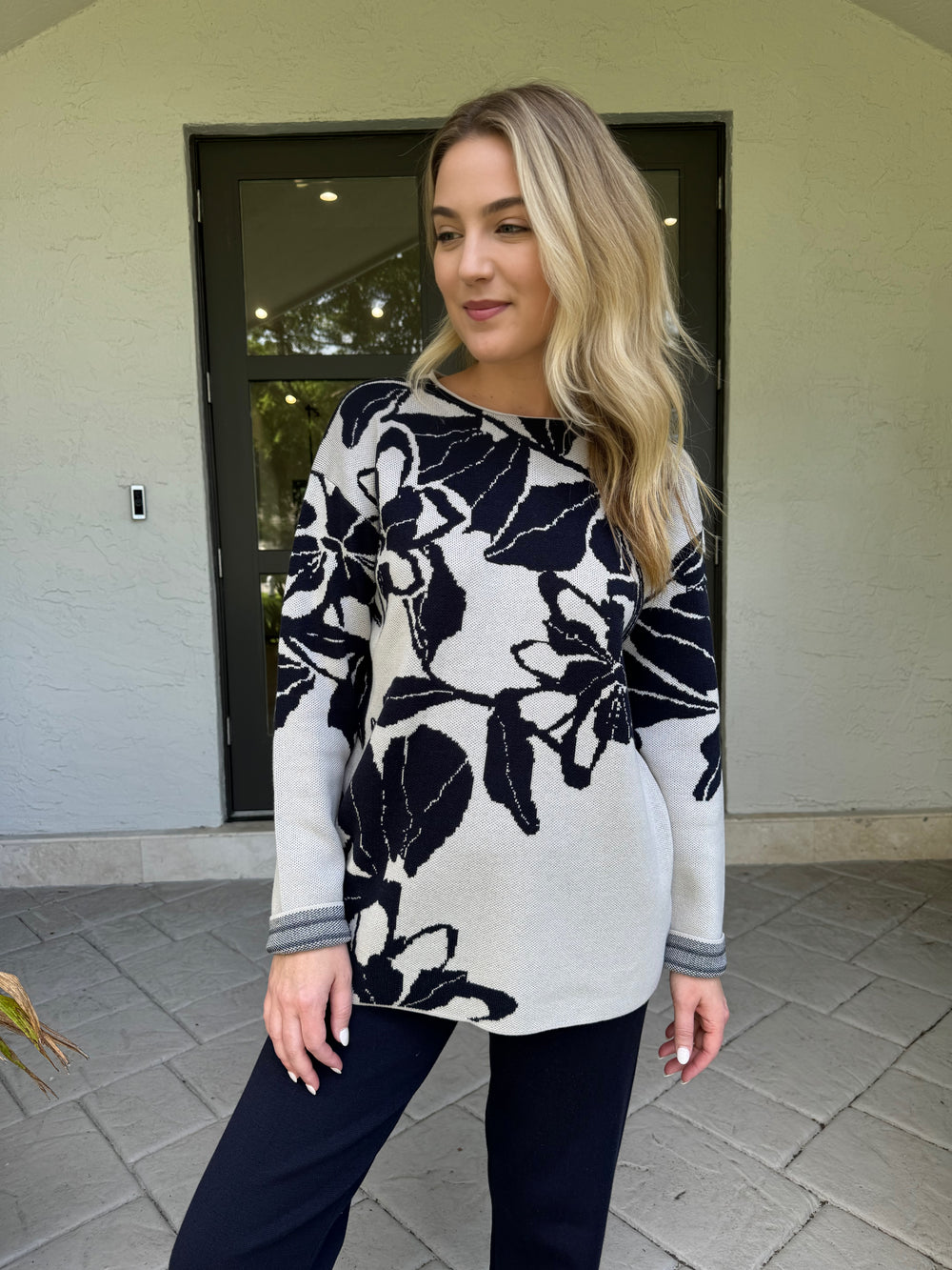 BK Leslie Flower Jacquard Long Sleeve Sweater in Taupe available at Barbara Katz