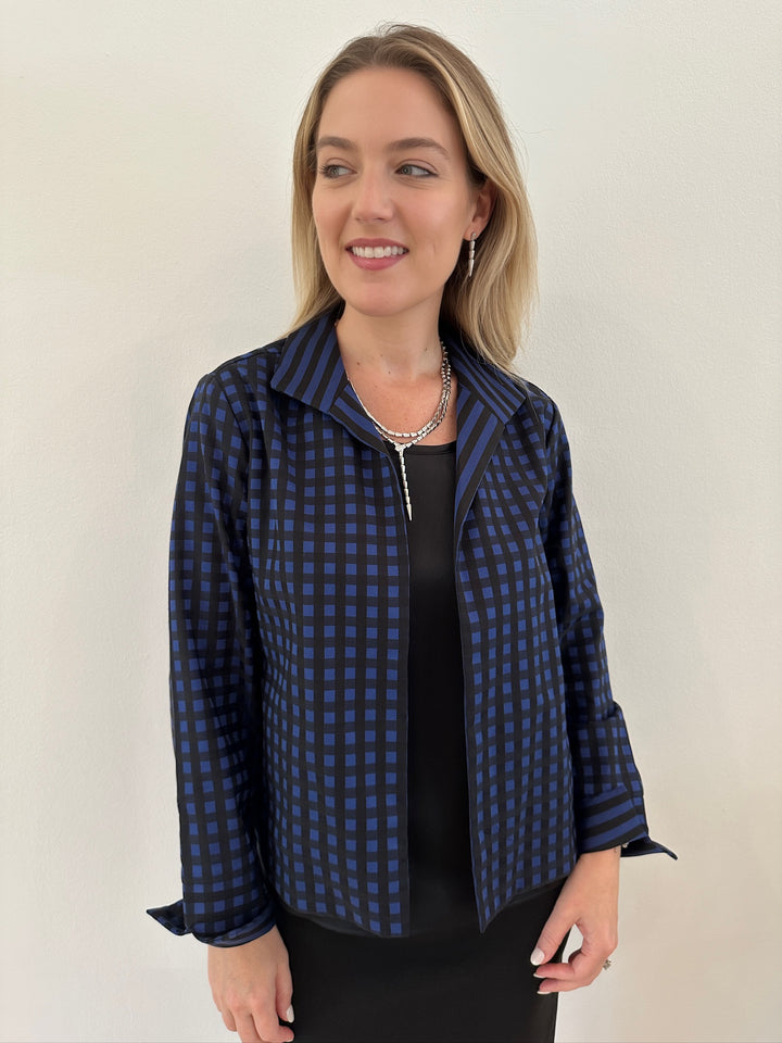 Hinson Wu Molly Reversible Jacket - Sapphire/Black, 100% cotton jacket with spread collar, open front design, side pockets, long sleeves, and gingham print on one side and stripes on the other