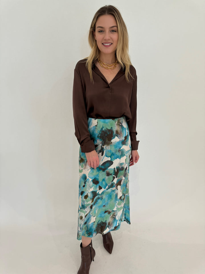 Catherine Gee Daria Silk Long Sleeve Shirt in Brown paired with Rails Anya Midi Skirt in Verbena