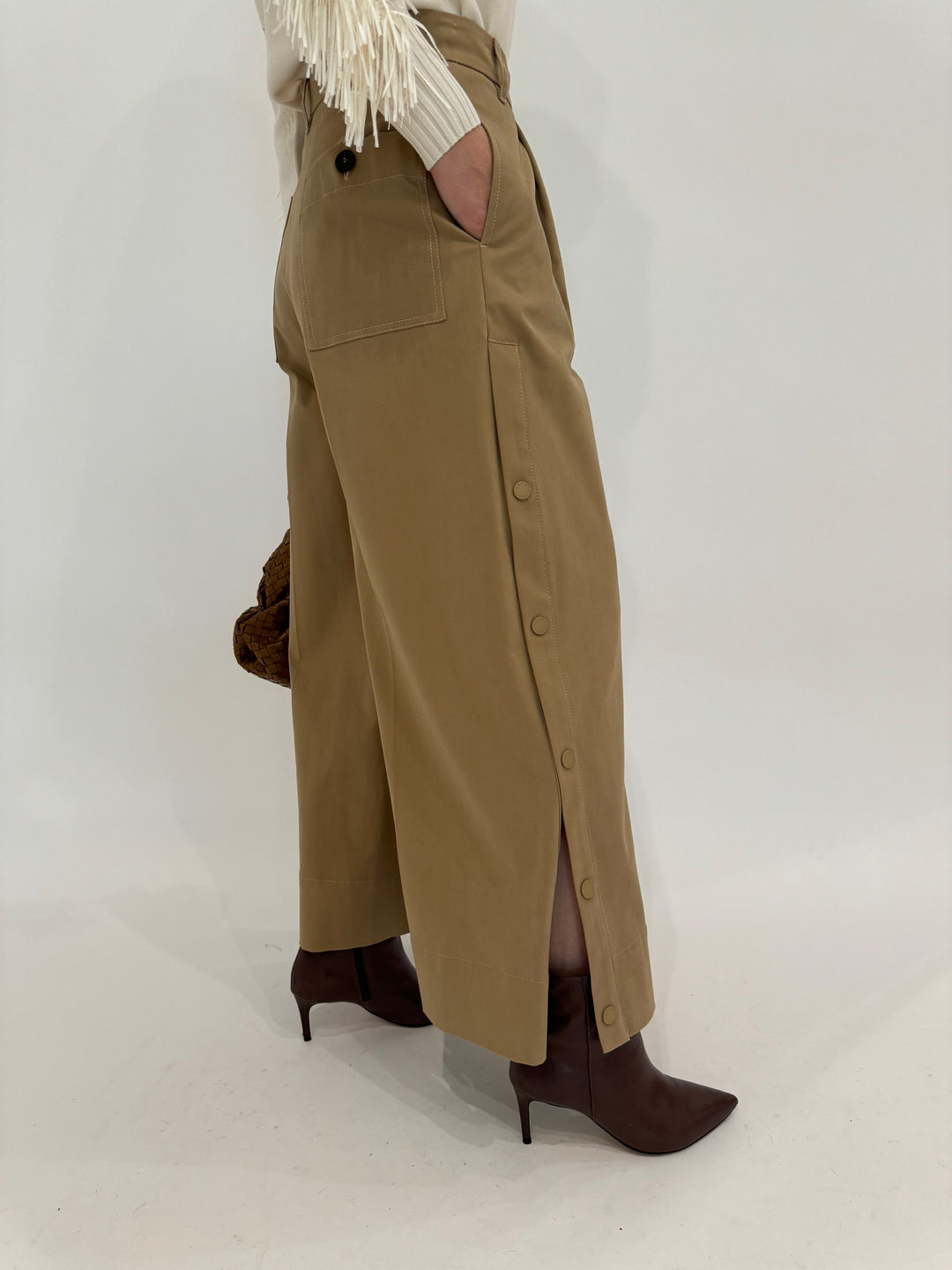 Max Mara Weekend Caprile Button Side Wide Leg Pants in Beige available at Barbara Katz