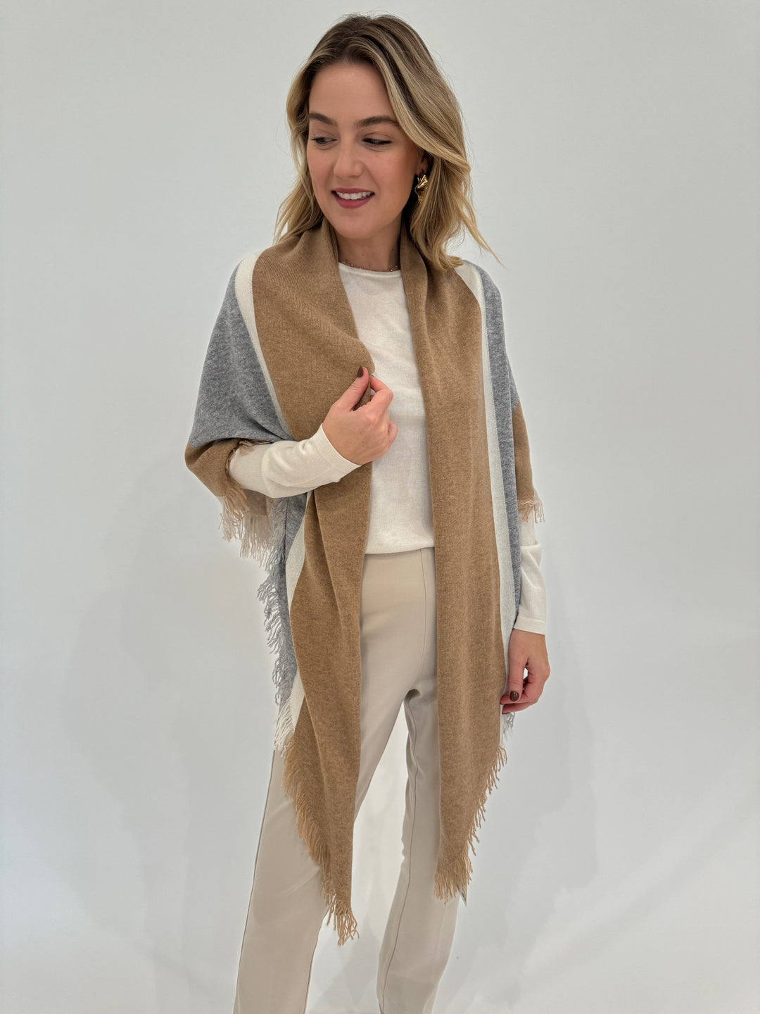 Kinross Cashmere Striped Fringe Triangle Wrap in Camel Multi available at Barbara Katz