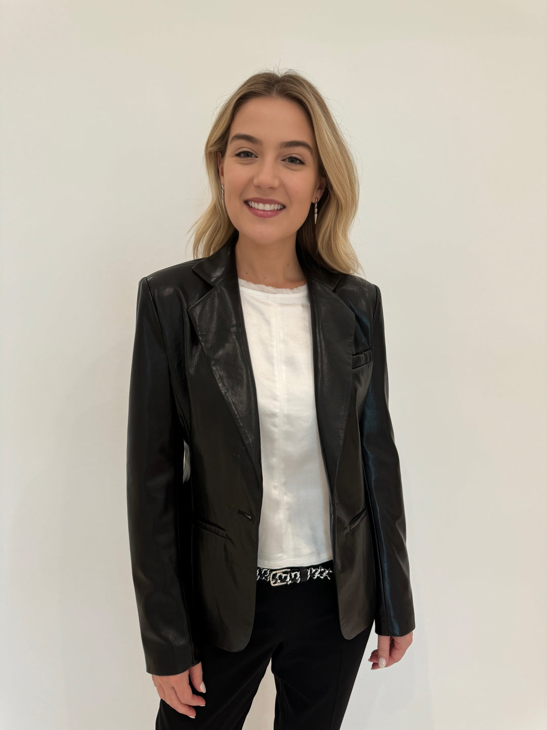 Generation Love Zella Vegan Leather Blazer in Black with Melissa Nepton's Off White Tenesi Satin Top underneath, both available at Barbara Katz