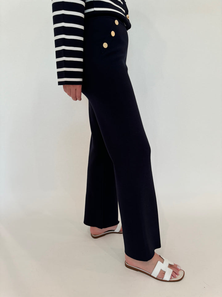 BK Navy Demi Sweater Pants with Gold Button Detail available at Barbara Katz