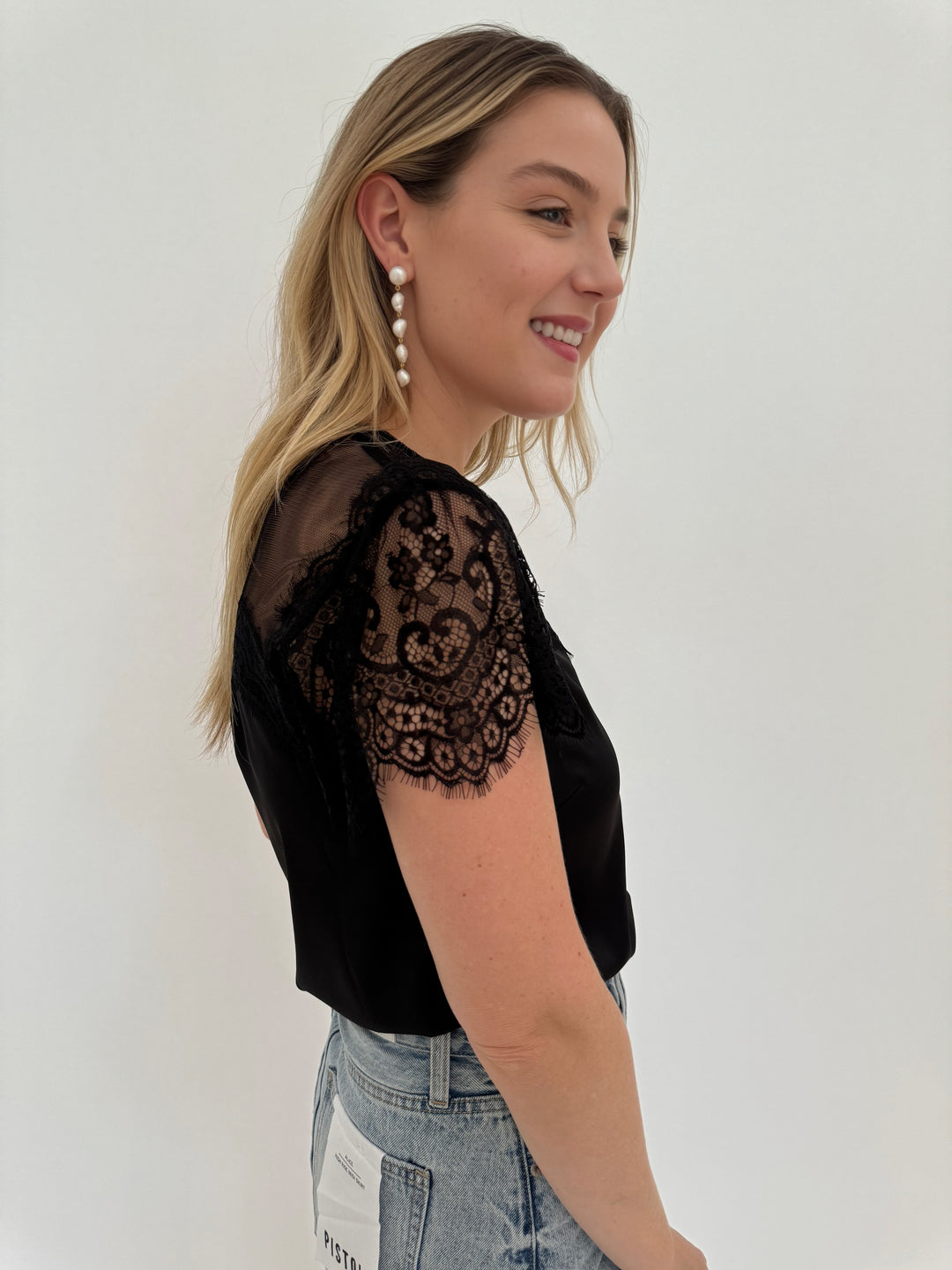 Generation Love Farren Lace Combo Short Sleeve Top in Black