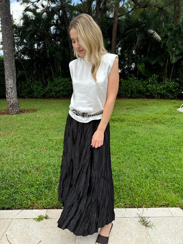 Melissa Nepton Helora Satin Top in Off White paired with BK Maddie Crinkle Maxi Skirt in Black available at barbarakatzshop.com