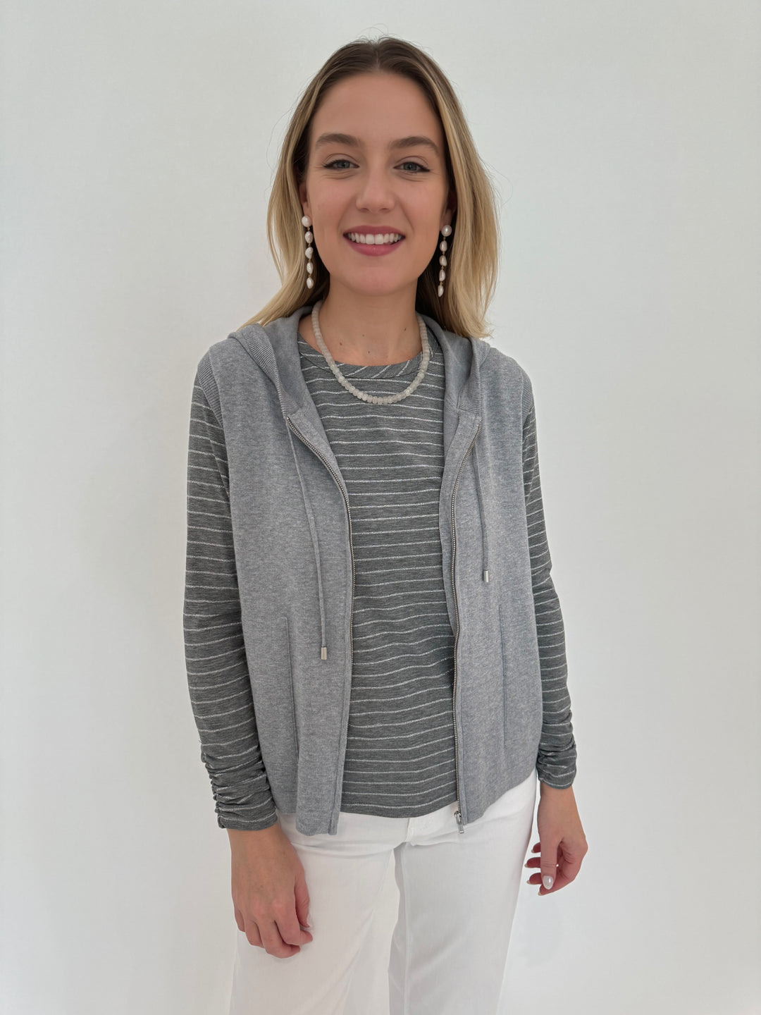 Elliott Lauren Zip Front Hoodie Vest in Heather Grey with Grey Shimmer Stripe Long Sleeve Top underneath