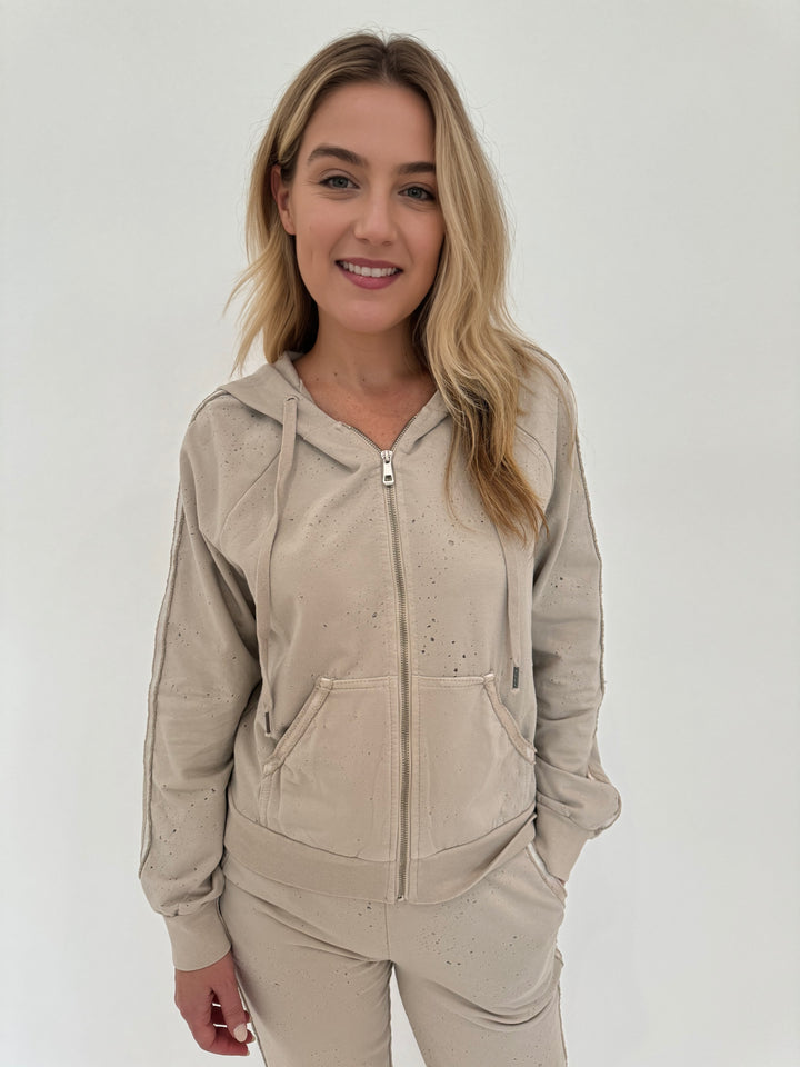 BK Sandy Distressed Zip Hoodie in Beige available at Barbara Katz