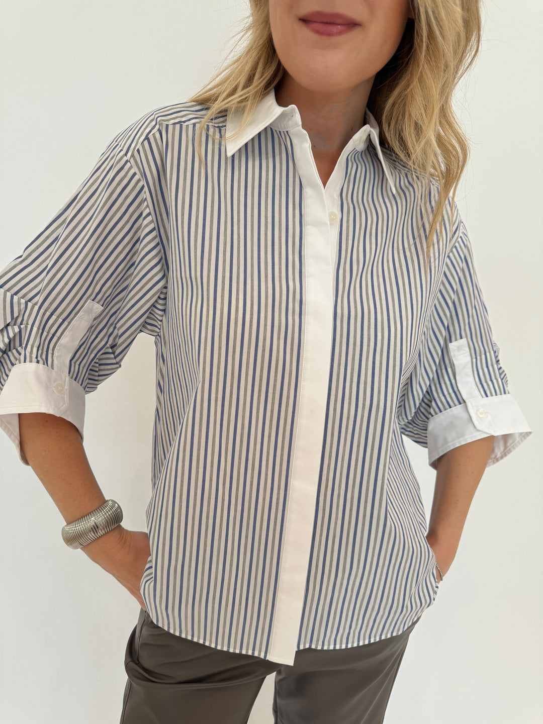 Simkhai Gemma Three-Quarter Sleeve Shirt in Cool Gray Stripes available at Barbara Katz