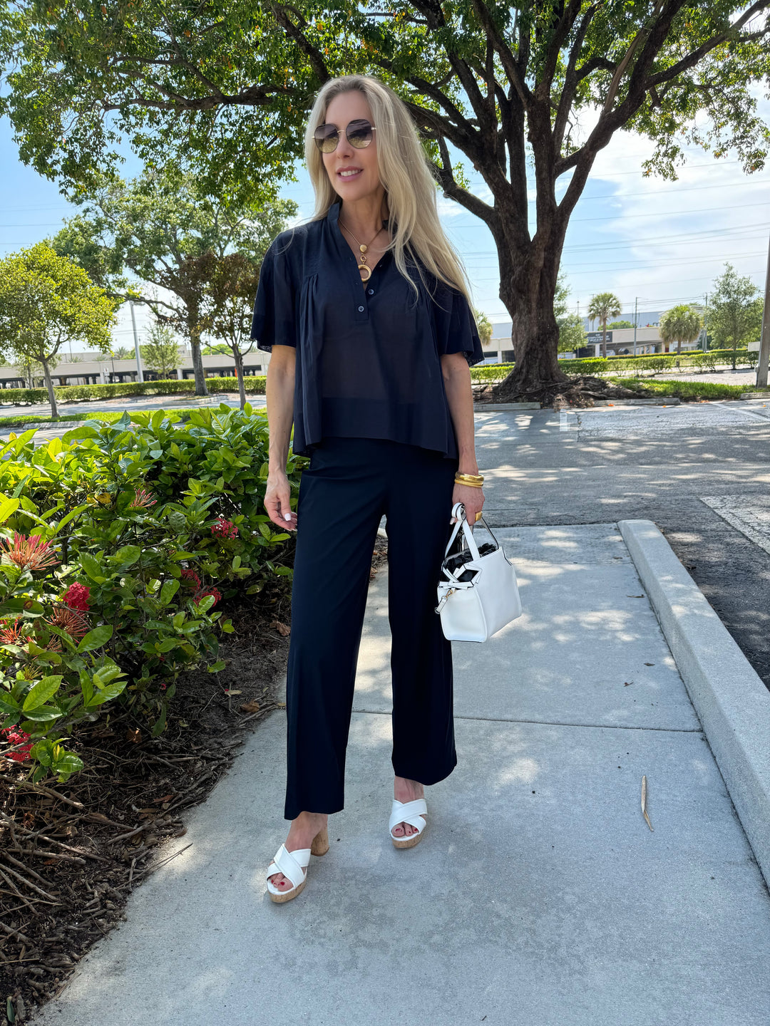 Frame Pleated Button-Up Blouse - Navy