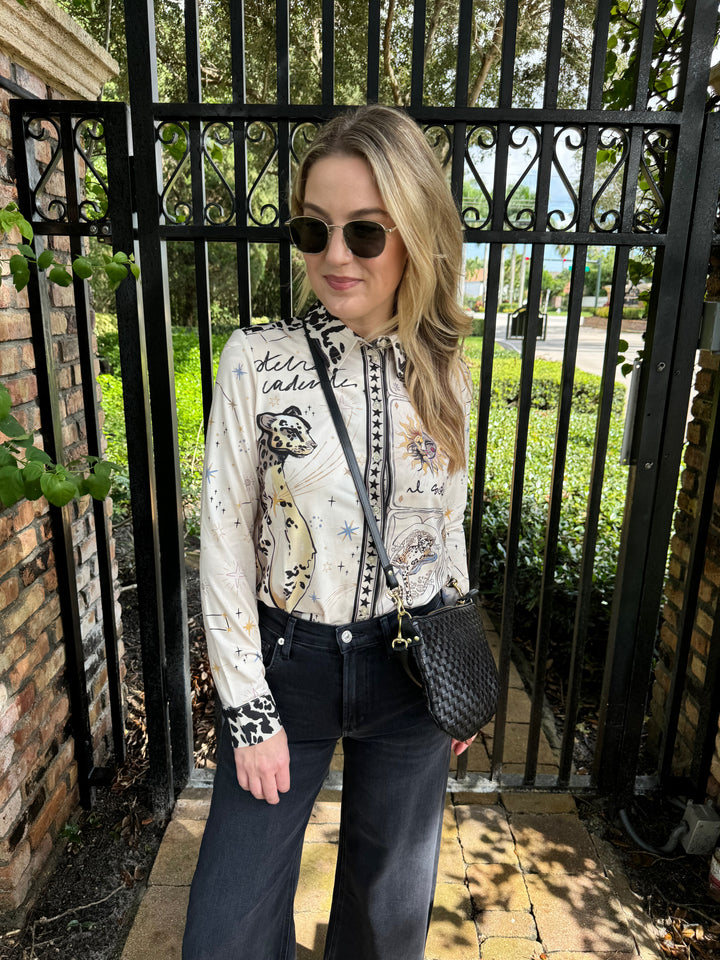 Oui Leopard Silky Long Sleeve Shirt paired with Citizens of Humanity Lyra Crop Wide Leg Denim Jeans in Medallion, Le Specs Neptune Deux Sunglasses, Clare V Petit Moyen Messenger Bag in Black Woven Checker - all available at Barbara Katz