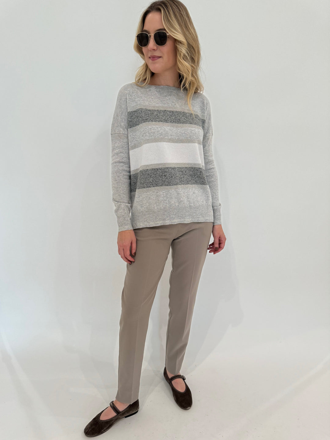 D.Exterior Multi Stripe Crew Sweater in Cenere paired with EW Straight Leg Trouser in Visone, Le Specs Neptune Deux Sunglasses - all available at Barbara Katz