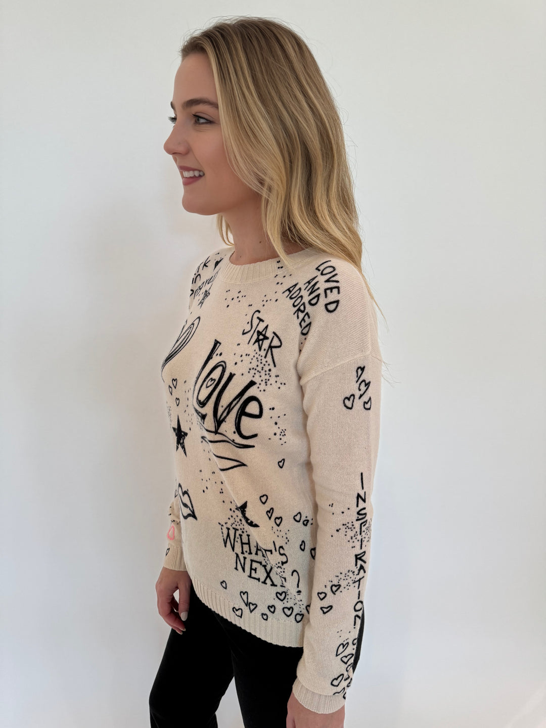 Lisa Todd The Messenger Graffiti Print Long Sleeve Cashmere Sweater in Frosting available at Barbara Katz