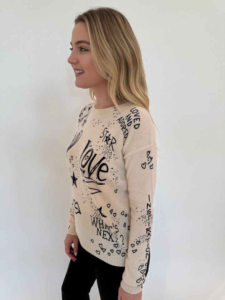 Lisa Todd The Messenger Graffiti Print Long Sleeve Cashmere Sweater in Frosting available at Barbara Katz