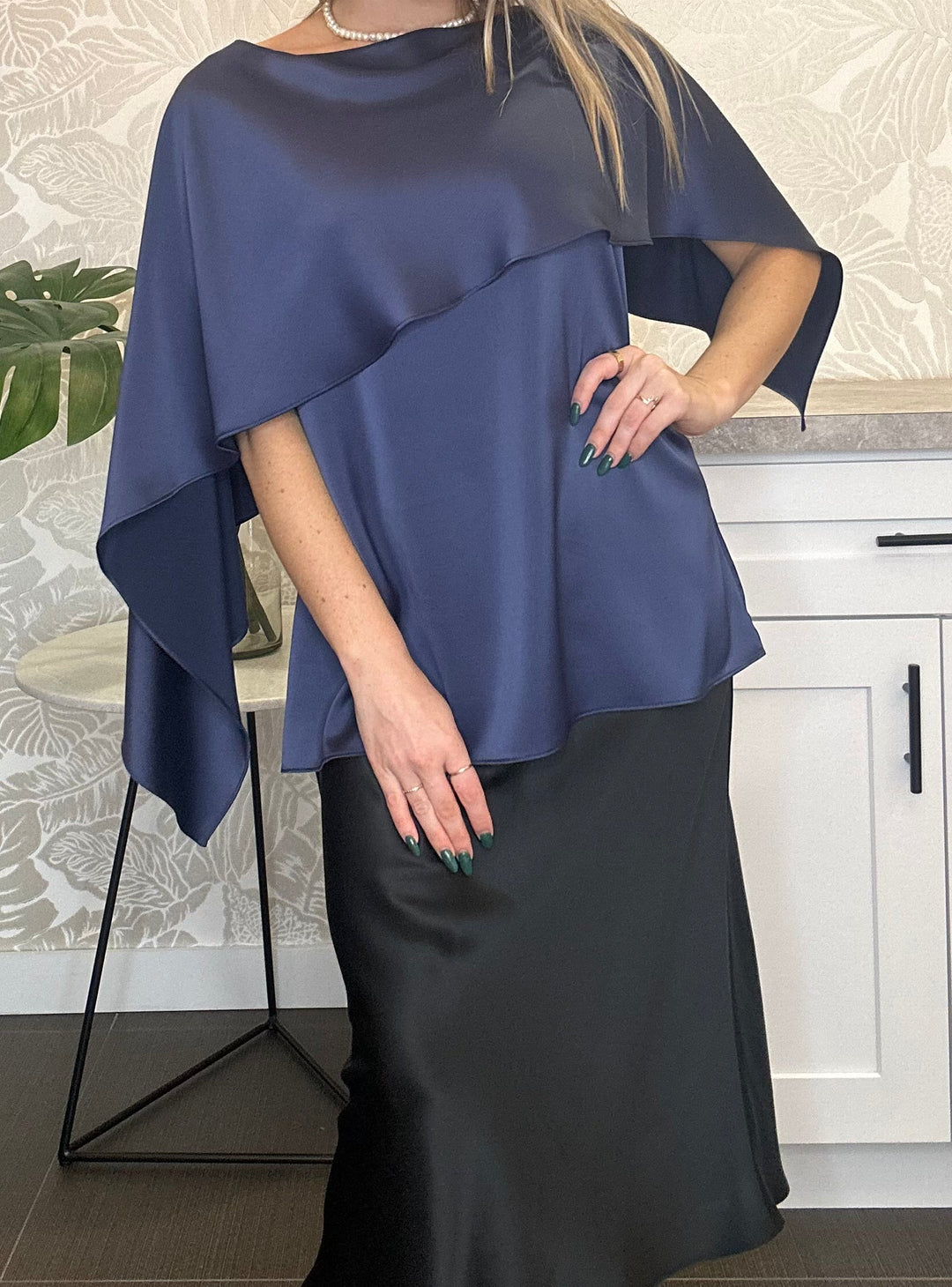 Satin Caplet Top - Navy