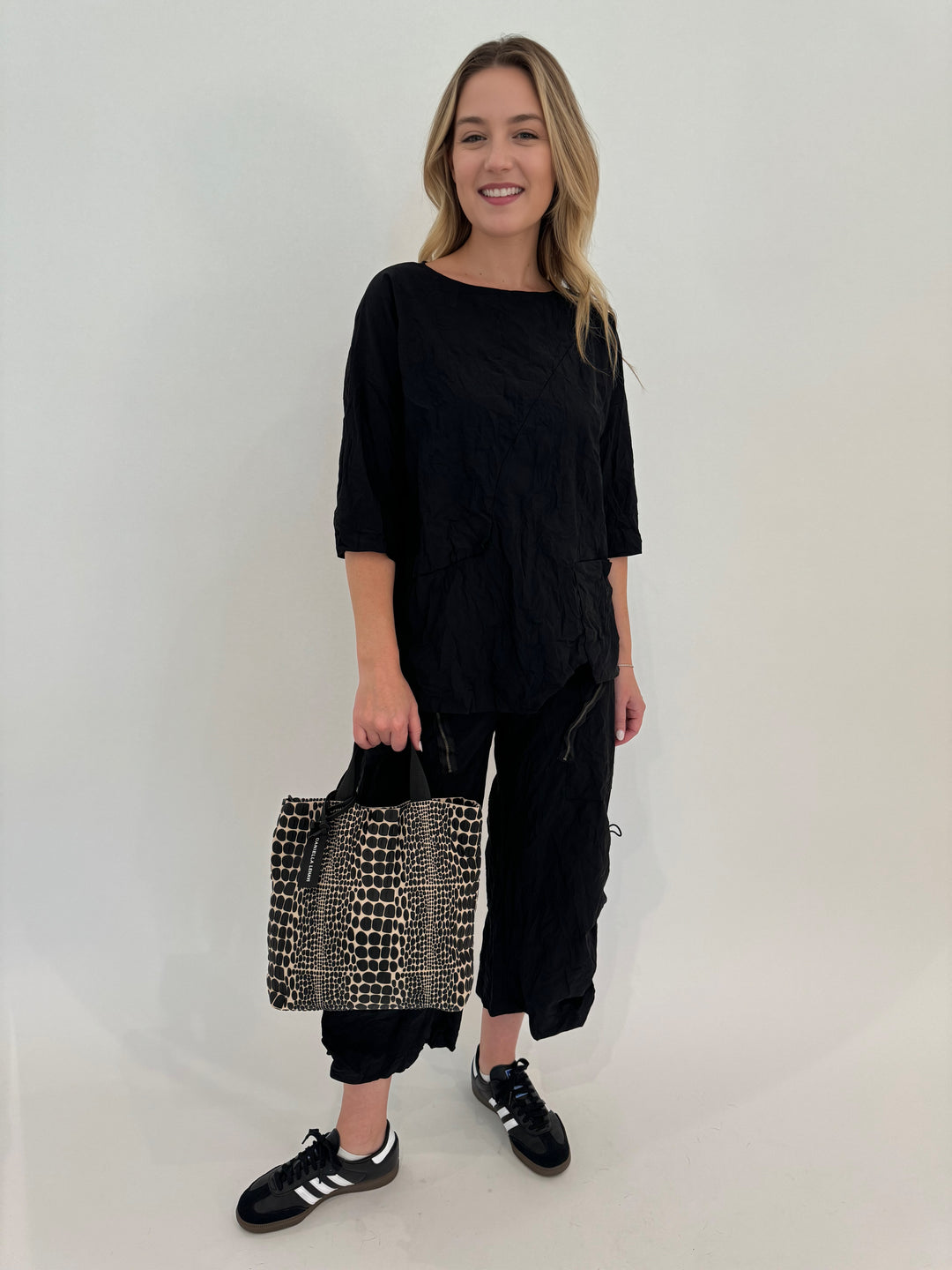 Beau Jours Thea Top in Black paired with Adrina Pants in Black, Daniella Lehavi Tokyo Small Shopper Bag in Cream