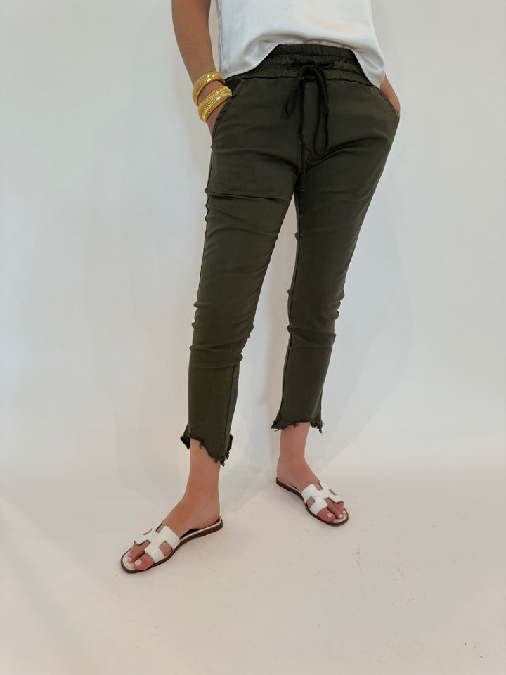 BK Kylie Distressed Fringe Hem Crinkle Jogger in Army Green available at Barbara Katz