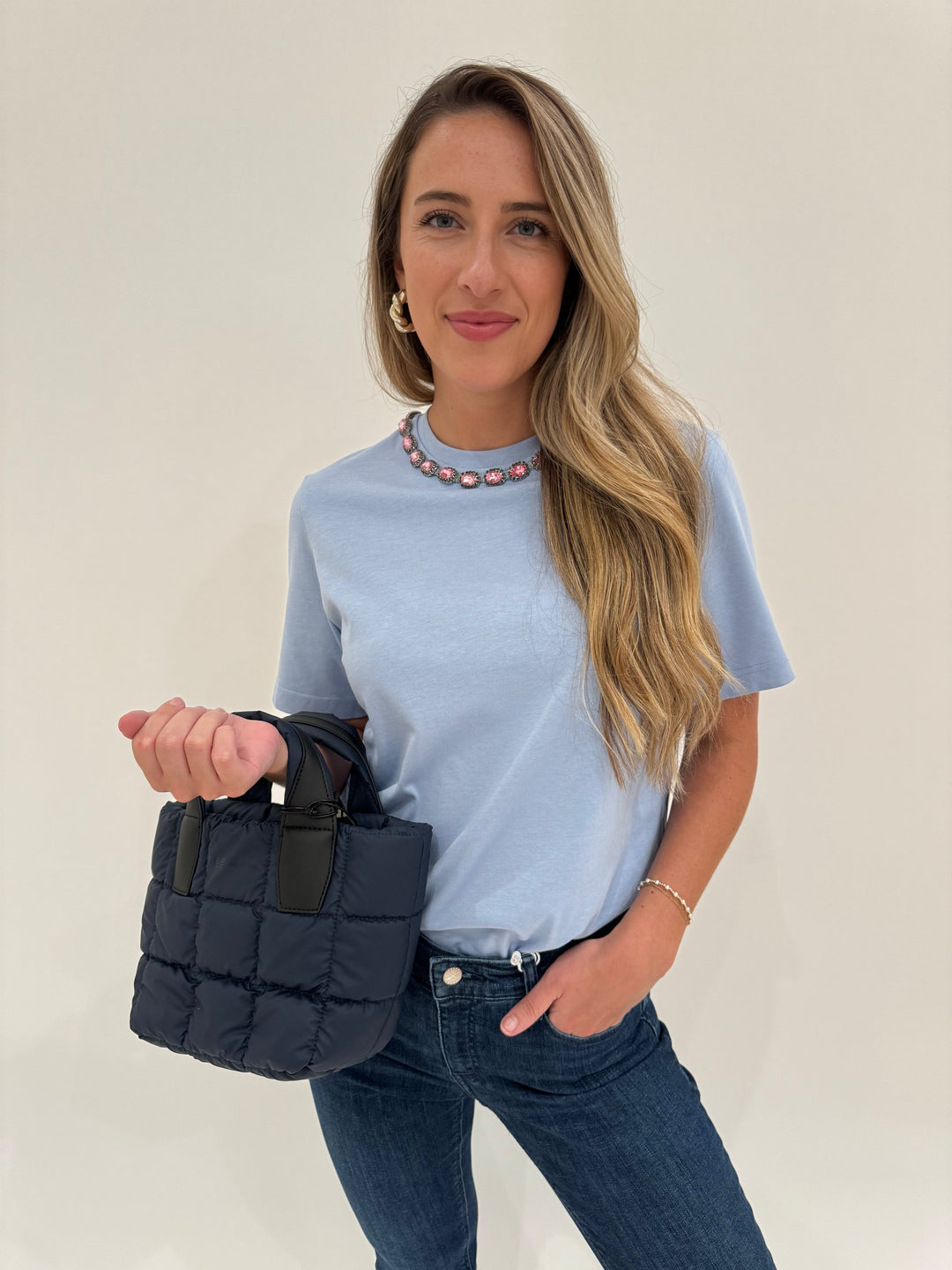 Essentiel Antwerp Galenic Embroidered T-Shirt in Inges Kitchen with Vee Collective Porter Mini Tote Bag in Deep Sea available at Barbara Katz