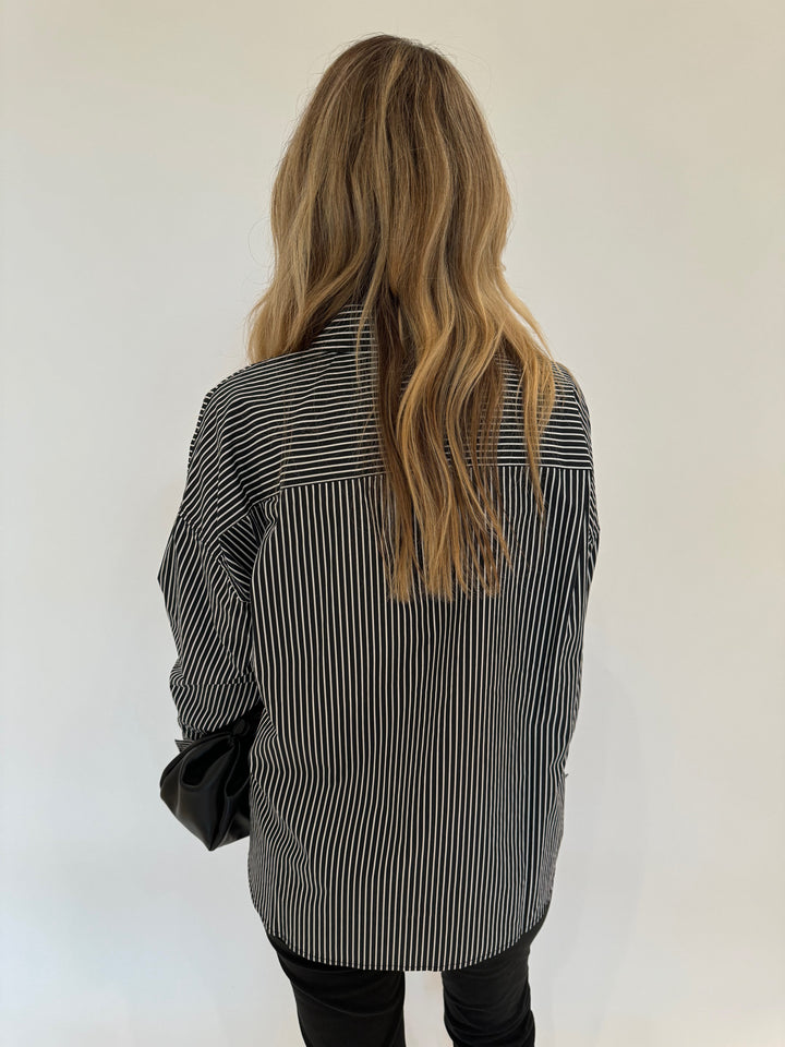 Essentiel Antwerp Glee Striped Long Sleeve Shirt in Black Combo available at Barbara Katz