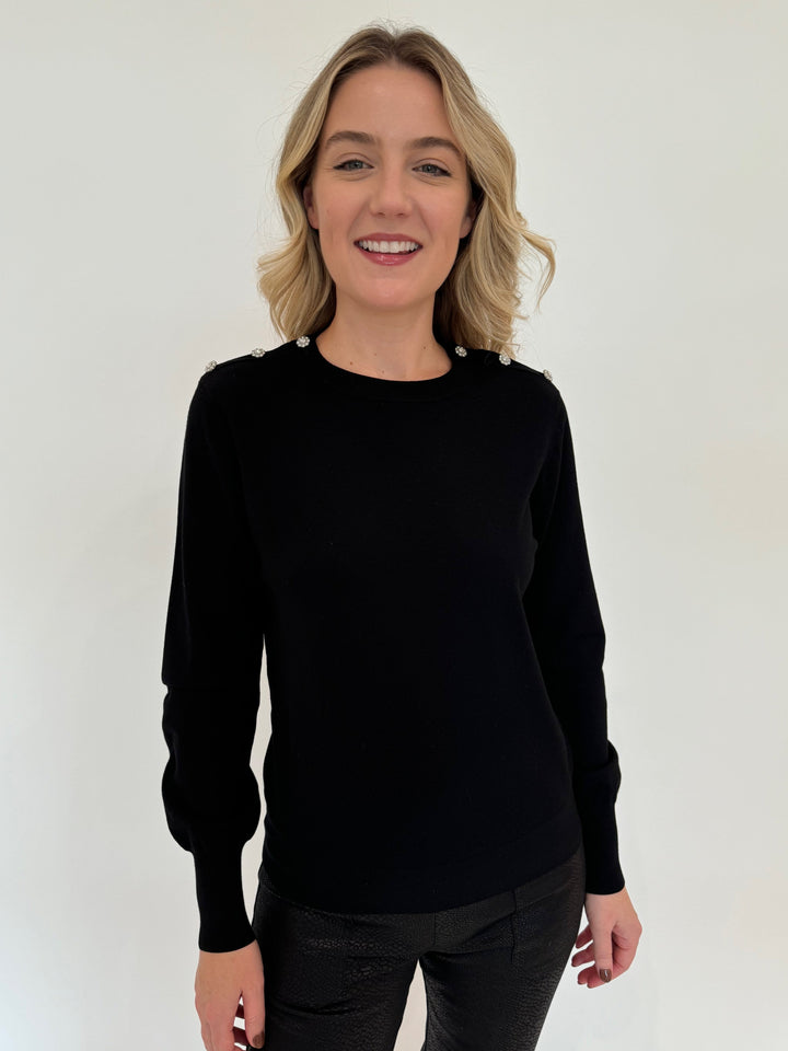 Elliott Lauren Top It Off Button Sleeve Sweater in Black available at Barbara Katz